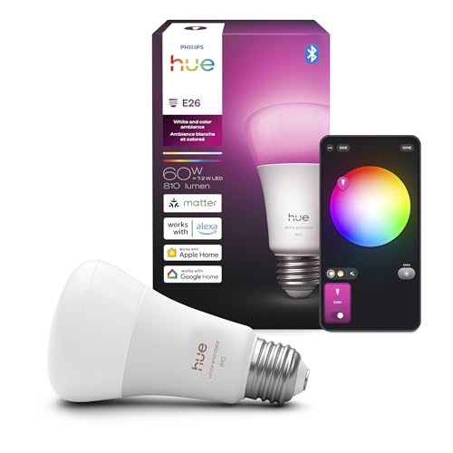 Image of Philips Hue Smart LED A19 Bulb 1-Pack, White & Color Ambiance, E26 Base, 7.2W, Full Spectrum Light 1000K-20000K, 810 Lumens, Dimmable, Works with Alexa, Google, & Apple Home