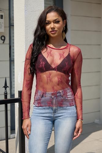 YAMILI Lace Tops for Women Mesh Long Sleeve Top Crew Neck Sheer Blouse Sexy See Through Layering Shirts Outfits Red Wine - image 5