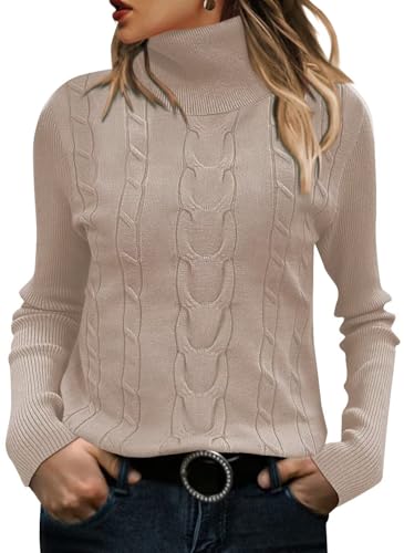 FEKOAFE Women's Long Sleeve Turtleneck Womens Sweaters Chunky Knit Lightweight Pullover Sweaters Jumper Tops Beige-L