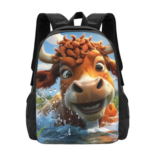 Commuter Unisex Cartoon Cow River Backpack Spacious Compartments for Work Essentials Casual Outings & Trips 17 Inch