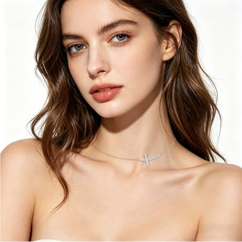 Image of Ladytree 925 Sterling Silver Concise Sideways Cross Pendant Necklace Choker for Women Christian Jewelry