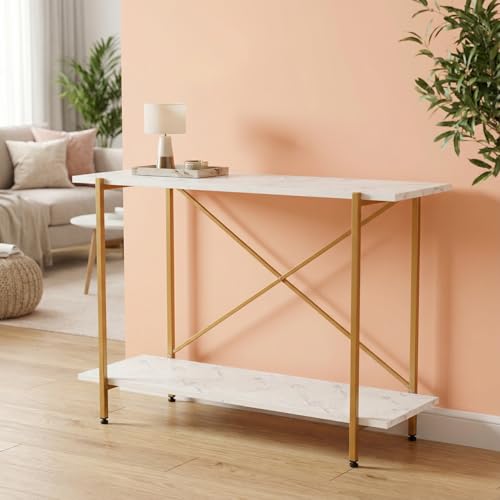 Image of ecofynd Elix Jr 35 Inch Console Table, Metal with Engineered Wooden top Long Narrow Hallway, Entryway, Living Room, Dining Room, Office, Home Side Table Storage Shelves, 35 inchX 9 inchX 28 inch (WHTGO, CT002)