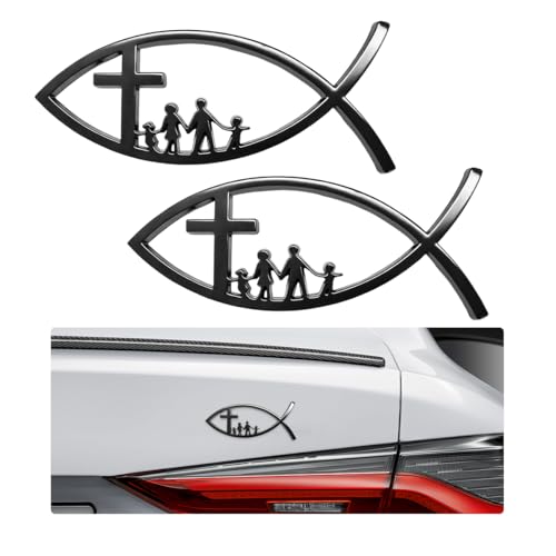 Image of DXNQ 2PCS Jesus Fish Decal Sticker, 3D Car Decal Jesus Christian Fish Symbol Chrome Emblem, Faith Stickers Religious Metal Badge Auto Decor for Truck Motorcycle Fridge (Black, New)