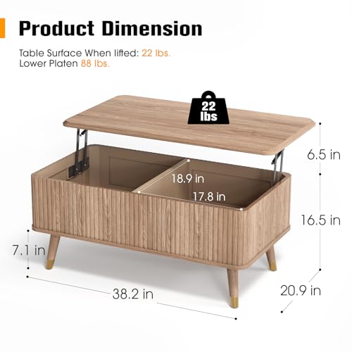 Lift Top Coffee Table with Storage for Living Room,38",Natural Oak - Image 2