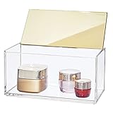 mDesign Large Makeup Organizer Box with Decorative Lid for Bathroom Vanity Countertops, Cabinet - Store Makeup Brushes, Eye Shadow Palettes, Lipstick, Lip Gloss, Jewelry - Plastic - Clear/Soft Brass