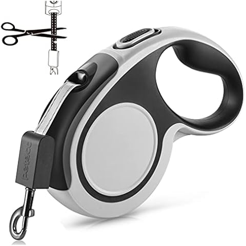 Retractable Dog Lead - Repairable Extendable 5M/16ft Long Dog Leash Heavy Duty with Anti-Slip Handle & Reflective Strong Nylon Tape/Ribbon & One-Button Brake/Lock (Black & Grey, Large) Cover