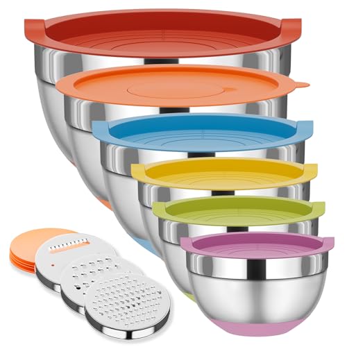 Fyrnova Mixing Bowls with Lids Set, 6 Piece Stainless Steel Nesting Storage Bowls for Kitchen, with 3 Grater Attachments & Non-Slip Bottoms, Size 5.5,3.5,2.5,2.1,1.5,1.1 QT