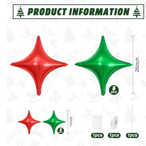 Image of Red Green Star Balloons,12Pcs Four Angle Star Foil Balloons | 26Inch and 10Inch Red Green Quadrangle Star Helium Balloon for Christmas Birthday Party Decorations