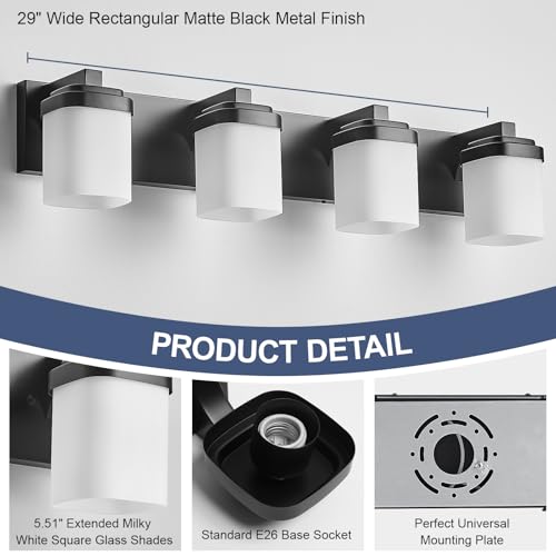 Image of 29 Inches Bathroom Vanity Light, 4-Light Black Bathroom Light Fixtures Over Mirror, Bathroom Light Shower Lamp with Milky White Square Glass Shade, Modern Farmhouse Lighting Fixtures