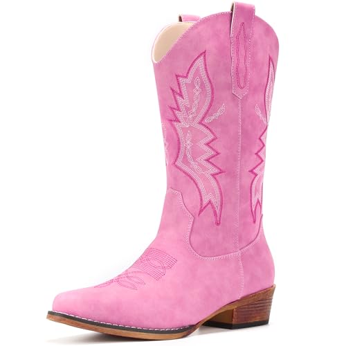 IUV Cowboy Boots For Women Western Boots Cowgirl Boots Pull On Pointy Toe Mid Calf Boots
