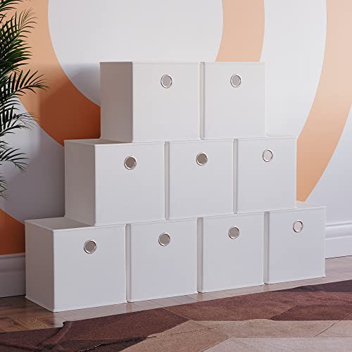 Vida Designs Durham Foldable Storage Cube Baskets Fabric Box With Metal Easy Access Handle Home Organiser (9 Pack, White)