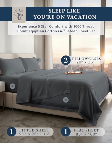 Image of LANE LINEN Cooling Sheets Full 100% Egyptian Cotton Sateen - Charcoal