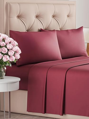 Set lenzuola matrimoniali king size 4 pezzi 180x200 cm - morbida microfibra spazzolata, traspirante e certificata OEKO-TEX - lenzuolo con angoli, lenzuolo piatto 270x290 e 2 federe 50x80 - Borgogna