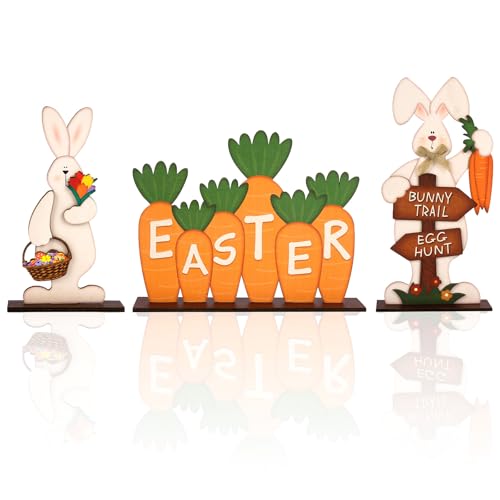3Pcs Easter Wooden Table Sign Easter Bunny Decorations for Home