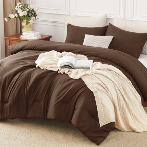 Image of HIMEET King Size Comforter Set, 3 Piece 104 inchx90 inch with 2 Pillowcases, Brown | 270GSM Down Alternative Fill, Oeko-TEX Certified, 8 Corner Ties Quilted, All Season, Fluffy Bed Set, Bedroom Decor Bedding