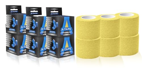 Image of A-Tape Breathable Self Adhesive Cohesive Bandage Wrap - Athletic Non-Woven for Sports, Medical Use, Injuries, Knee & Wrist Support - Suitable for Humans & Pets (Yellow, 5cm Pack Of 6)