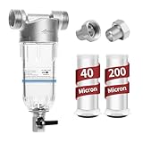 40/200 Micron Spin Down Sediment Filter, Reusable Whole House Sediment Water Filter for Washing Machine Garden Hose, Pre-Filtration System for City/Well Water, 1' MNPT + 3/4' FNPT + 3/4' MNPT