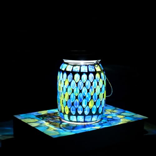 GUANFU Mosaic Solar Lanterns Outdoor Hanging Lights, Solar Table Lamps & Cool Blue Color Mosaic Glass Lights, Outdoor Waterproof Solar Night Lights, Garden,Patio,Pathway & Yard Décor