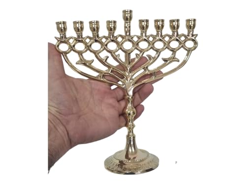 Hanukkah Hanukkia Menorah Pomegranate design 9 Branches Brass menorahs for chanukah Candle Holder size 10 inch (Gold)