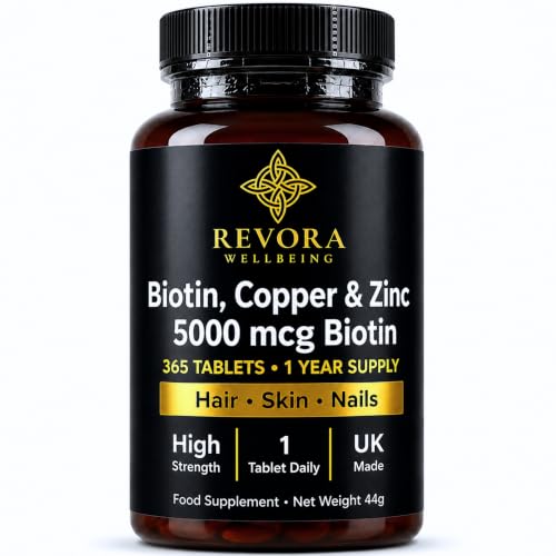 Revora Biotin 5000mcg (Vitamin B7) with Zinc & Copper Tablets 1 Year Supply 365 Tablets Hair Skin & Nails Support High Strength Biotin Supplement UK Made Vegan