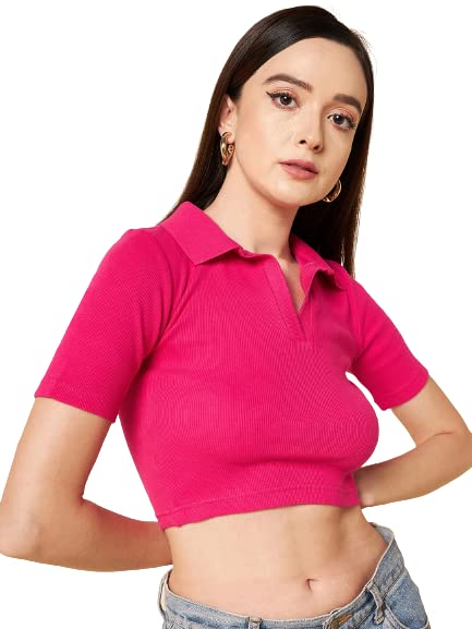 High StarWomen's Collared Shirt Solid Pink Crop Top (Regular fit crop top)