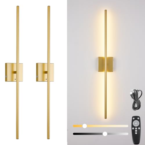 Lámpara de Pared Batería Con Control Remoto, 2 Pack, Aplique de Pared Recargable USB, 8000mah, Temperatura de 3 Colores, LED Regulable Luz de Pared Sin Cuerda, 360° Giratoria,Oro,80CM