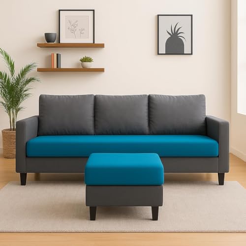 Image of FURNY Arnold 4 Seater L Shape Sofa Set with Movable Ottoman | Flexible Left or Right Layout | Plush Velvet Fabric (Dark Grey-Aqua Blue) | Perfect for Living Room, Guest Room & Office