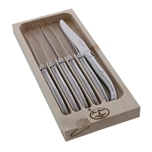 Jean Dubost Laguiole 6-Piece Steak Knife Set, Stainless Steel Handles – 2.5 mm Blades – Rust-Resistant Stainless Steel – Includes Wooden Tray – Made in France