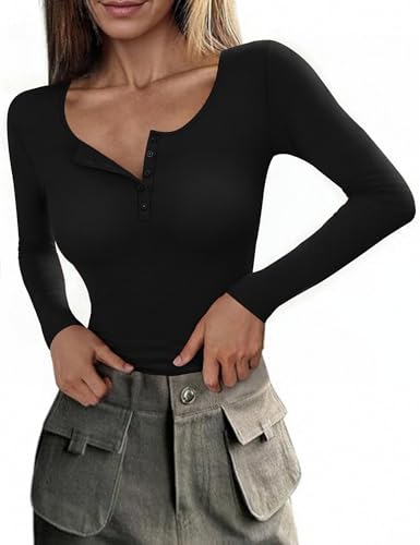 Totatuit Haut femme col boutonné à manches longues en coton stretch coupe slim couleur unie style tendance décontracté pour tous les jours Noir,S