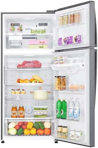 LG LT19HBHSIN 506 Liter Top Freezer Refrigerator with doors open, showing organized interior with food items.