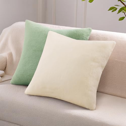 Pallene Faux Fur Plush Throw Pillow Covers 26x26 Set of 2, Soft Fluffy Couch Pillow Covers for Living Room, Sage Green