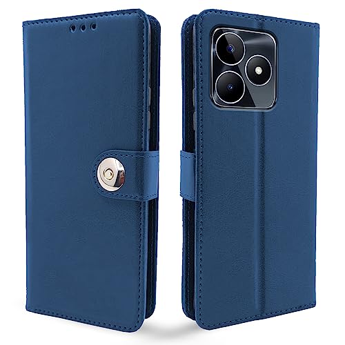 Image of Pikkme Realme Narzo N53 Flip Cover Leather Finish | Inside TPU with Card Pockets | Wallet Stand and Shock Proof | Complete Protection Button Flip Case (Blue)