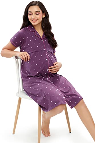 Image of ZEYO Women's Cotton Night Dress Heart Printed Maternity & Feeding Short Nighty Night Gown Shirt 5635
