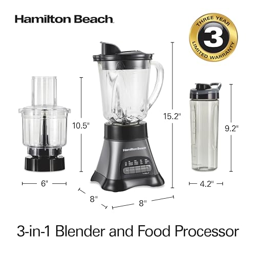 Hamilton Beach Blender and Food Processor Combo for Shakes & Smoothies, With 3 Cup Electric Food Chopper Attachment, 40 oz Glass Jar, Blender Travel Cup, 700 Watts Peak Power, Gray & Black (58163) - image 8