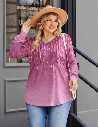 Image of IN'VOLAND Womens Plus Size Shirts V Neck Puff Long Sleeve Tops