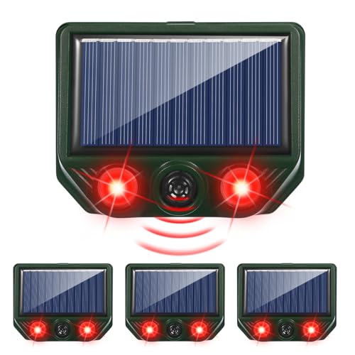 Solar Powered Animal Repellent Solar Predator Deterrent Light Nocturnal Animal Repellent Outdoor with Red and White LED Lights and Ultrasonic for Coyote, Raccoon,