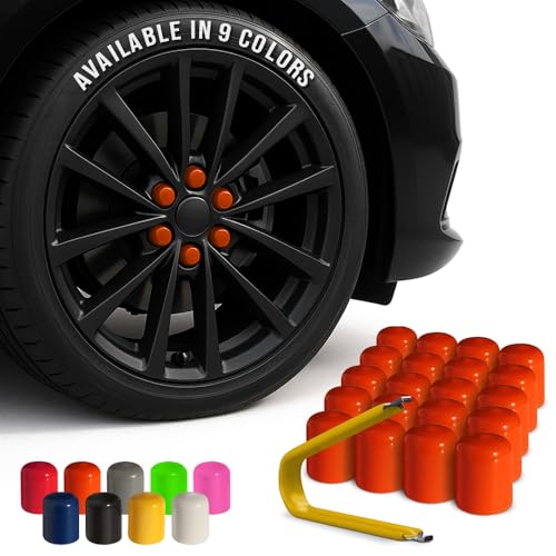 ColorLugs Vinyl Lug Nut Cover | Orange | Flexible Fit Wheel Lug Nut Cap | Fits 19 mm | Pack of 20 | Includes Deluxe Extractor | Made in the USA