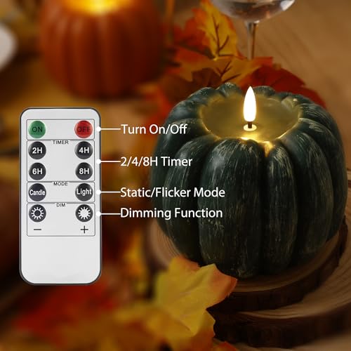 Image of Fall Flameless Candles with Remote, Real Wax Pumpkin Shaped Candle | Flickering Green Battery Operated Candles, Remote Included, For Autumn, Harvest, Thanksgiving, Halloween, Home, Party Decor