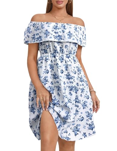 Image of Womens Off Shoulder Ruffle Floral Wedding Guest Dresses A Line Shift Short Skater Dress