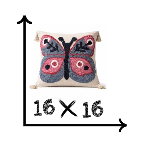 Image of Hand Tufted Cotton Cushion Cover with Butterfly Design and Tassels, Textured Throw Pillow Case for Sofa, Couch, Bed, Boho Farmhouse Home Decor, 16x16 Inch, Pack of 1
