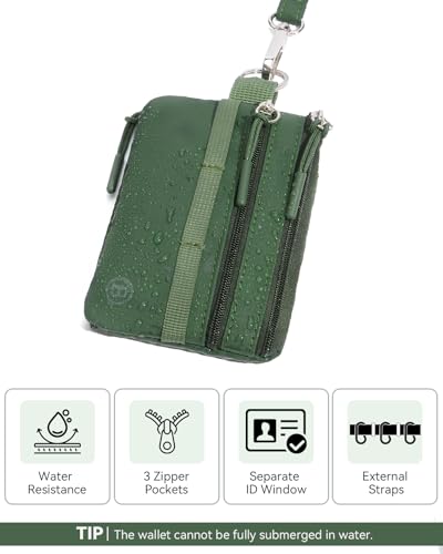 Image of BOSTANTEN Small Wallet RFID, Minimalist Zip ID Case Wallet with Lanyard Keychain, Water Resistant Card Wallets for women & Men, Green