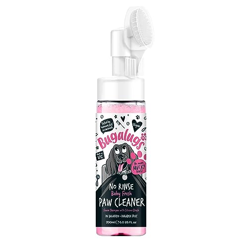 BUGALUGS Dog Paw Cleaner No Rinse Foam Cat & Dog shampoo with Silicone Brush Head waterless grooming products. Travel friendly paw cleaner for dogs defeat muddy paws on the go (Baby Fresh)