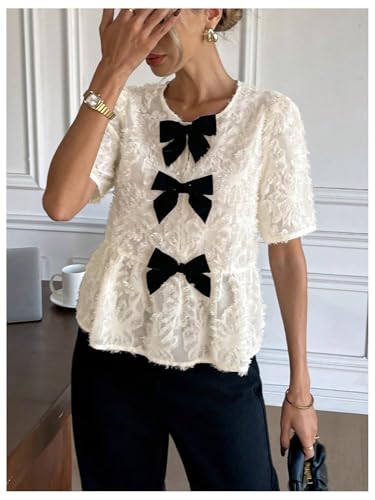 WDIRARA Women's Bow Peplum Top Ruffle Hem Chiffon Blouse Textured Short Sleeve Babydoll Tops3