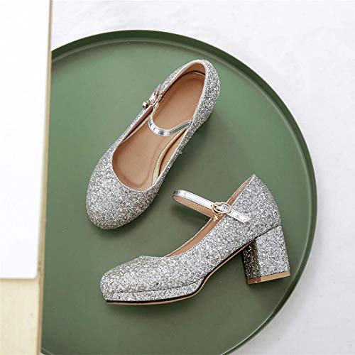 Alsoloveu Womens Glitter Mary Jane Shoes Platform Low Chunky Heels Closed Round Toe Ankle Buckle Strap Office Work Wedding Sequins Pumps Size 9 M US,Silver3
