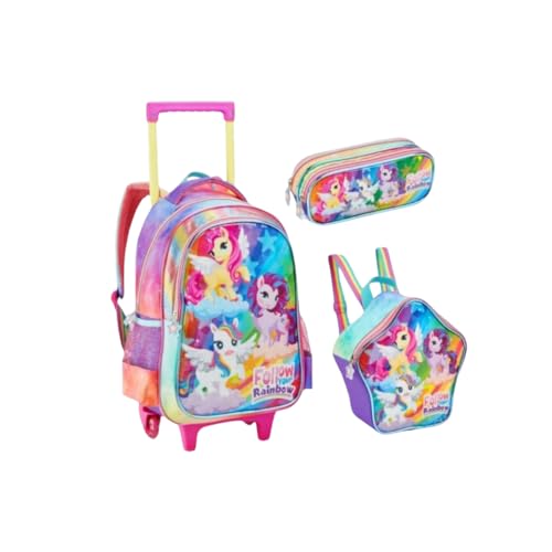 Kit Mochila Rodinha Infantil Com 3 Peças Unicórnio Friends Lancheira Estojo Menina