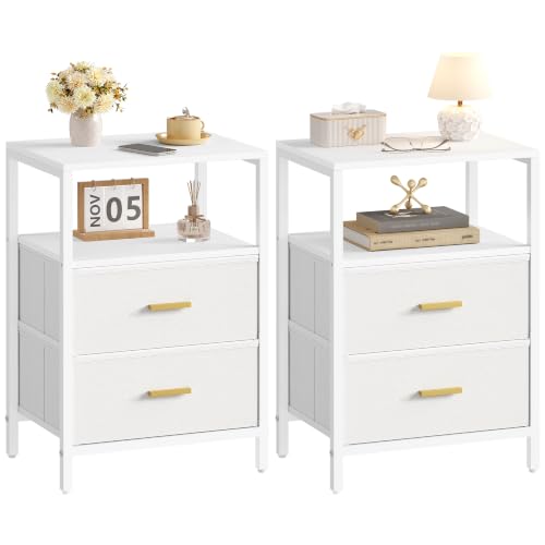 Hzuaneri Mesita de Noche Juego de 2, Mesa Auxiliar con 2 cajones de Tela Plegables, Compartimento Abierto, Mesita de café, Mesita de Noche Dormitorio, para salón, Dormitorio, Blanco NS30713W
