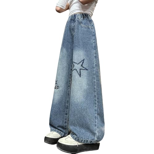 Girls Baggy Jeans, Stretchy Waist Wide Leg Jeans with Star Embroidery - Soft Loose Fit Pants with Pockets for Kids3