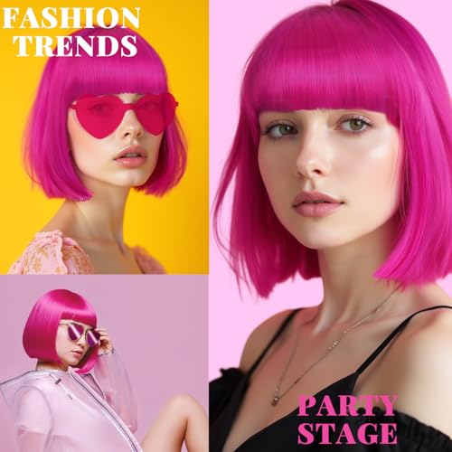 Image of LIULIUBTY Short Bob Hair Wigs Straight with Flat Bangs Synthetic Colorful Cosplay Daily Party Neon Wig for Women with Wig Cap 12 inch Natural As Real (Hot Pink B)