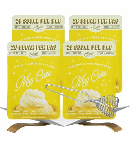 4x Sweet Logic Cake Mix Lemon Poppyseed 1.6 oz Bundle with Silver French Whisk — Low-Sugar High-Protein Mug Cake Mix for Gluten-Less Lemon Poppyseed Muffins and Keto-Friendly Baking Gift Set (5 Items)