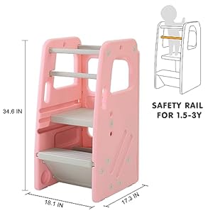 Sdadi toddler kitchen stool helper plastic step stool for kids with 3 adjustable height dual safety rails and non slip feet pads pink  urban country home decor